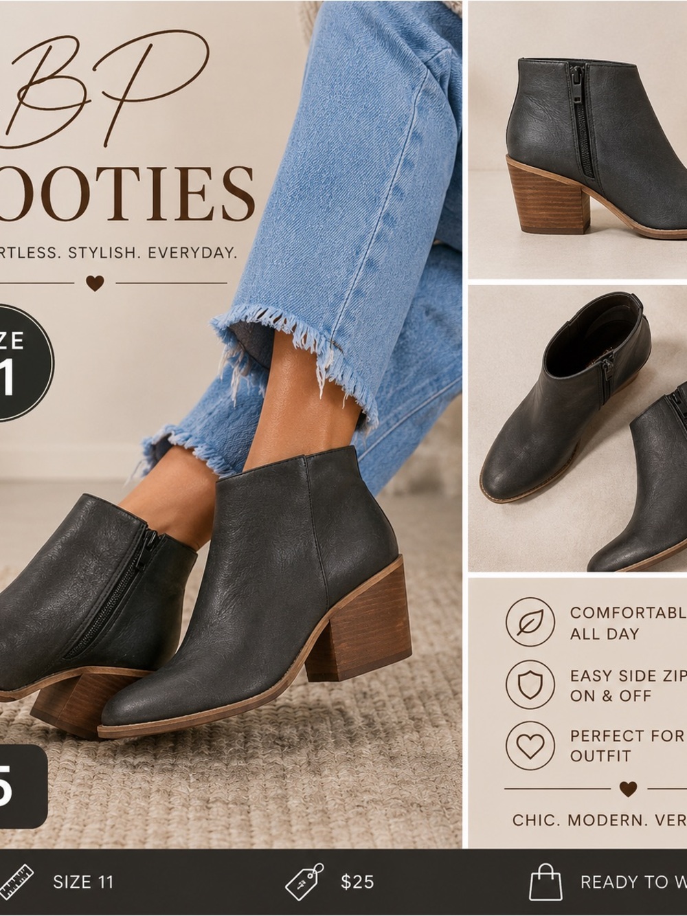 bp Black Leather-Look Ankle Booties with Stacked Heel